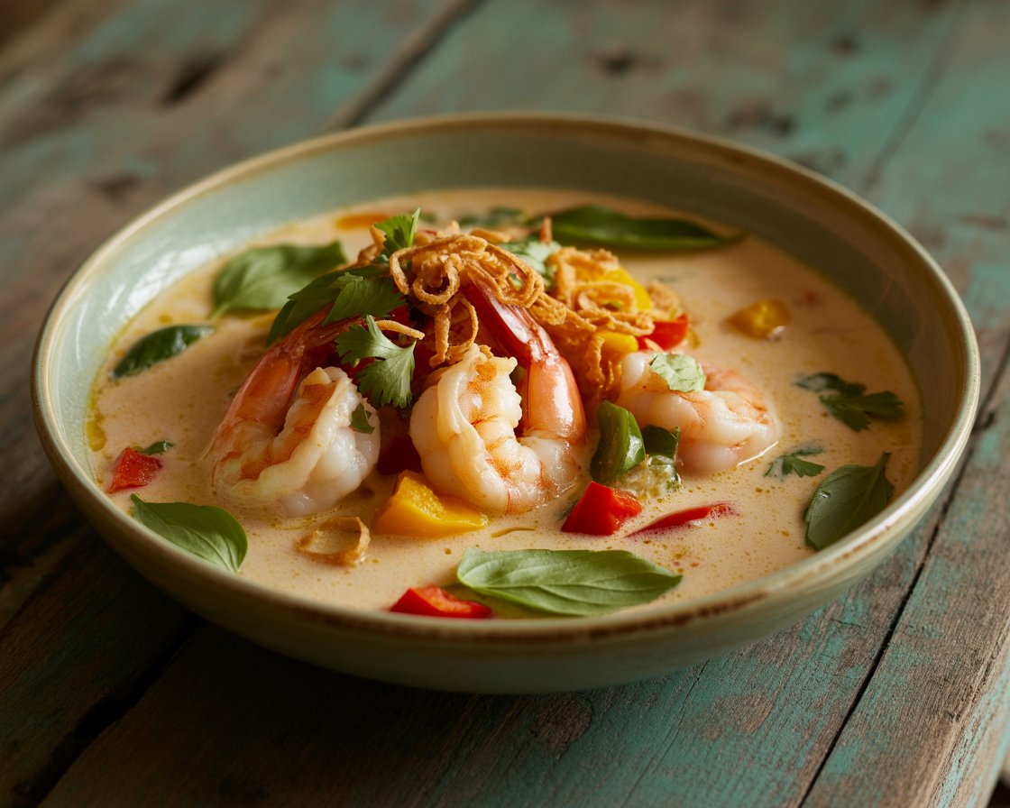 Golden fried shallots ready to top a Thai shrimp curry dish.