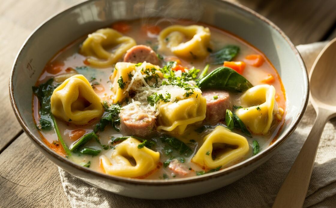 Bowl of creamy tortellini soup garnished with fresh herbs.
