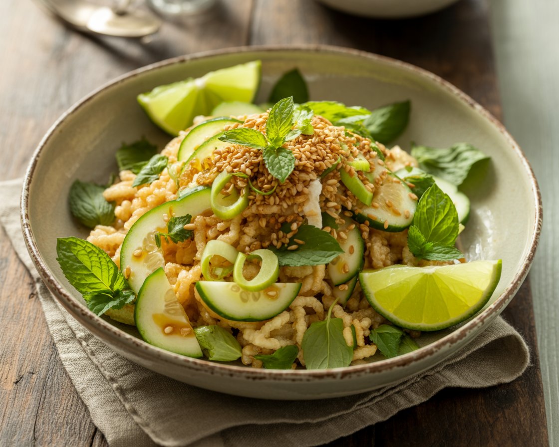 Step-by-step process of preparing crispy rice salad with cucumbers and herbs.
