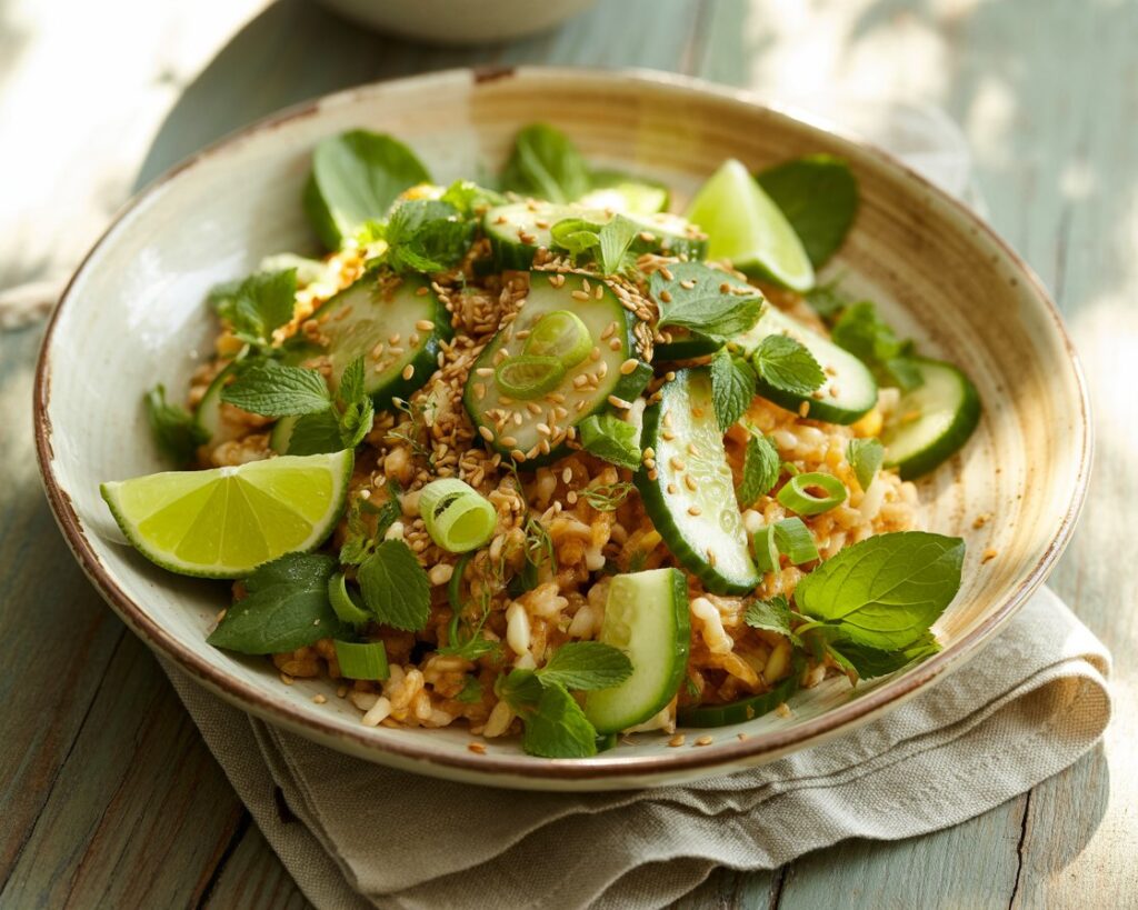Bowl of crispy rice salad with fresh cucumbers, herbs, and a light dressing.