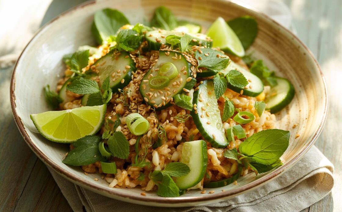 Bowl of crispy rice salad with fresh cucumbers, herbs, and a light dressing.