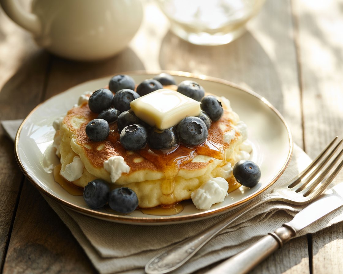 Close-up of a protein-packed cottage cheese pancake with a drizzle of syrup.