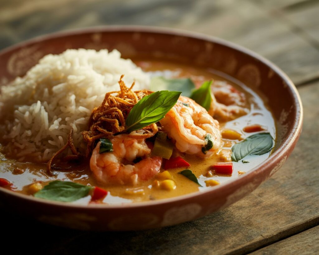 Close-up of creamy Thai shrimp curry with aromatic spices and herbs.
