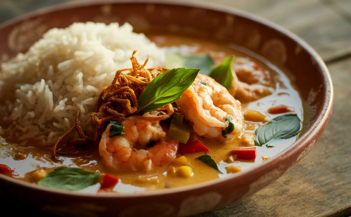Close-up of creamy Thai shrimp curry with aromatic spices and herbs.