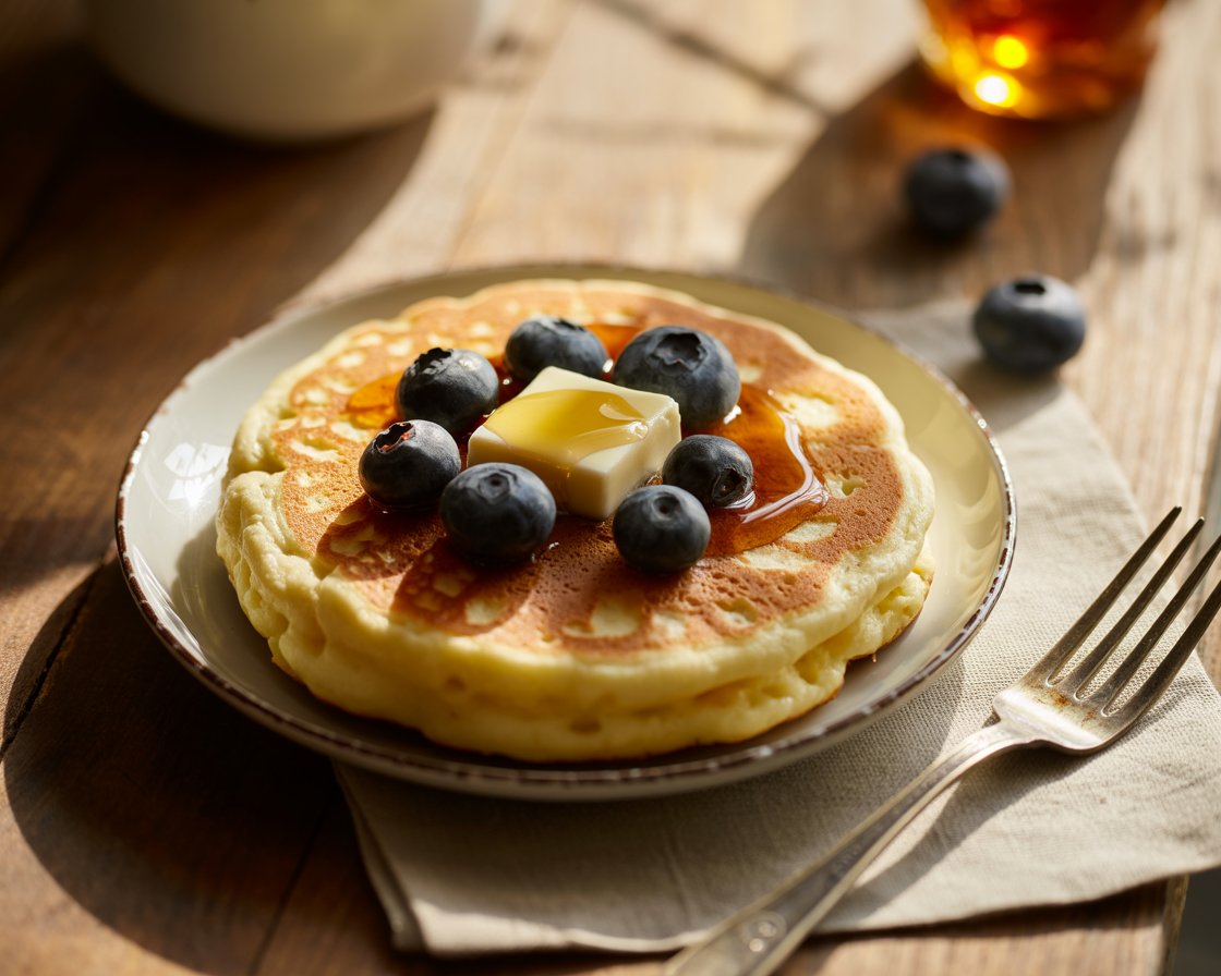 Single serving cottage cheese pancake stacked on a plate with fresh berries.