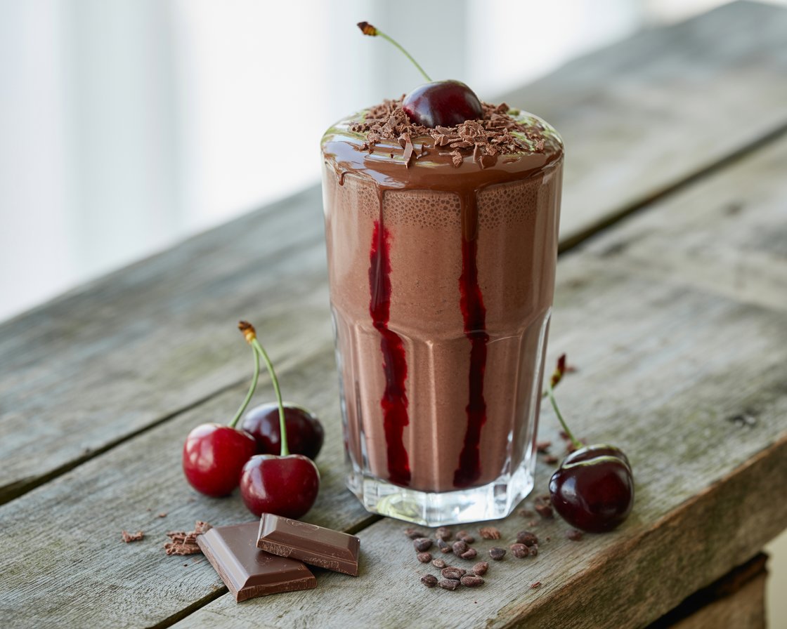 Blender filled with chocolate, cherries, and milk for a quick smoothie.