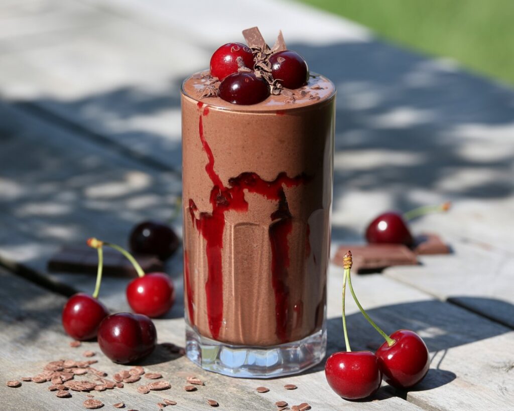 Ingredients for chocolate cherry smoothie laid out on a kitchen counter.