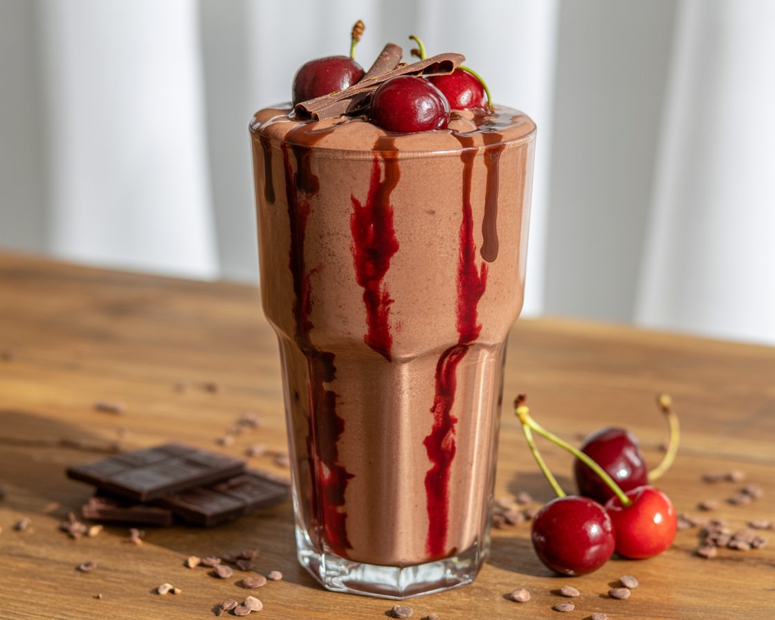 Glass of chocolate cherry smoothie garnished with fresh cherries.