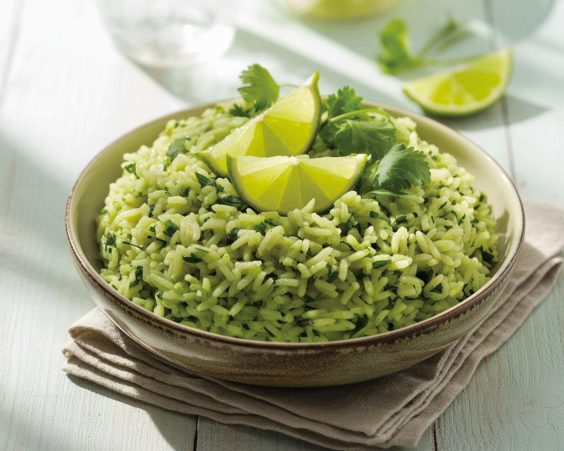 Close-up of perfectly cooked green rice ready to serve as a side dish.