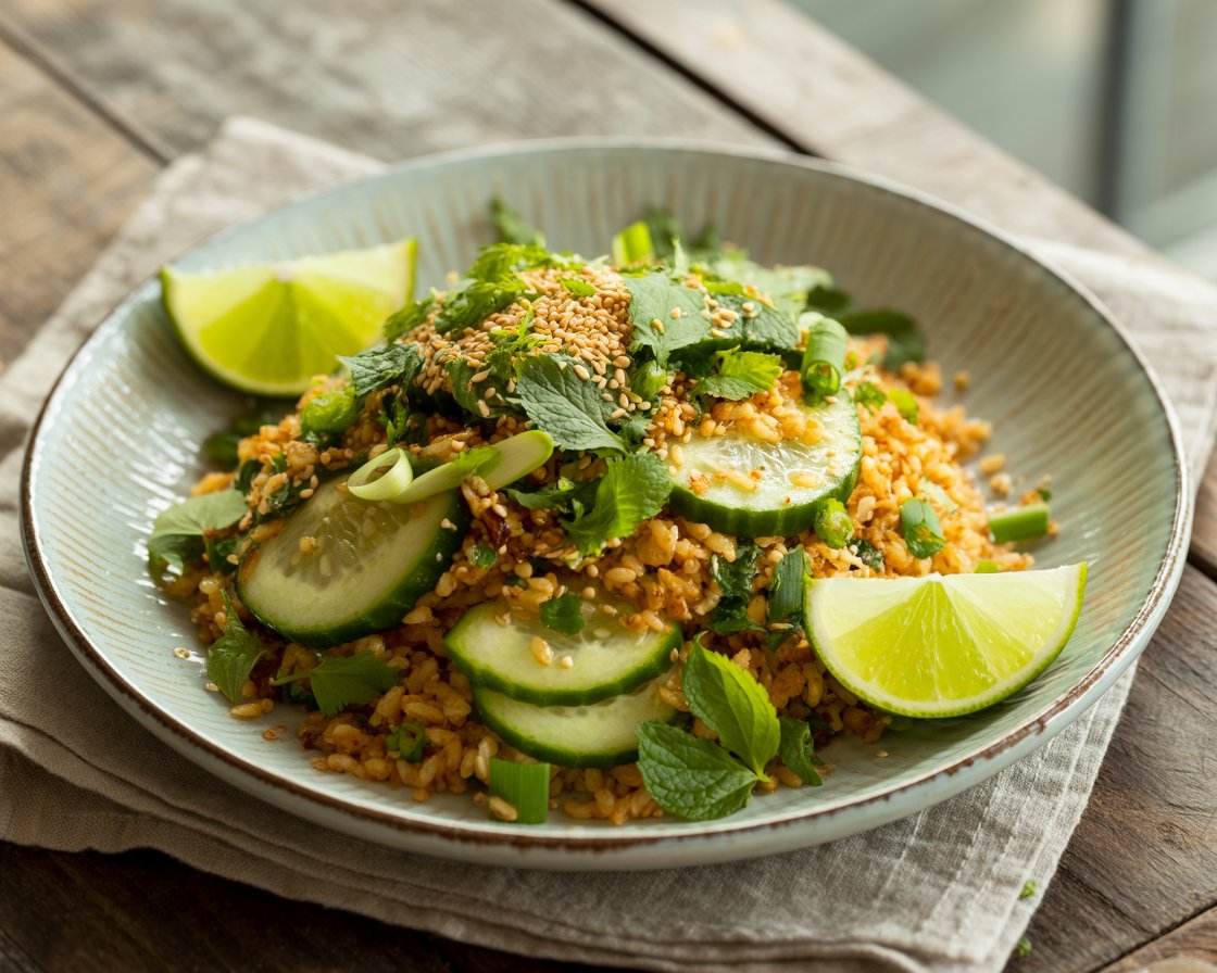 Crispy rice salad garnished with chopped herbs and cucumber slices.