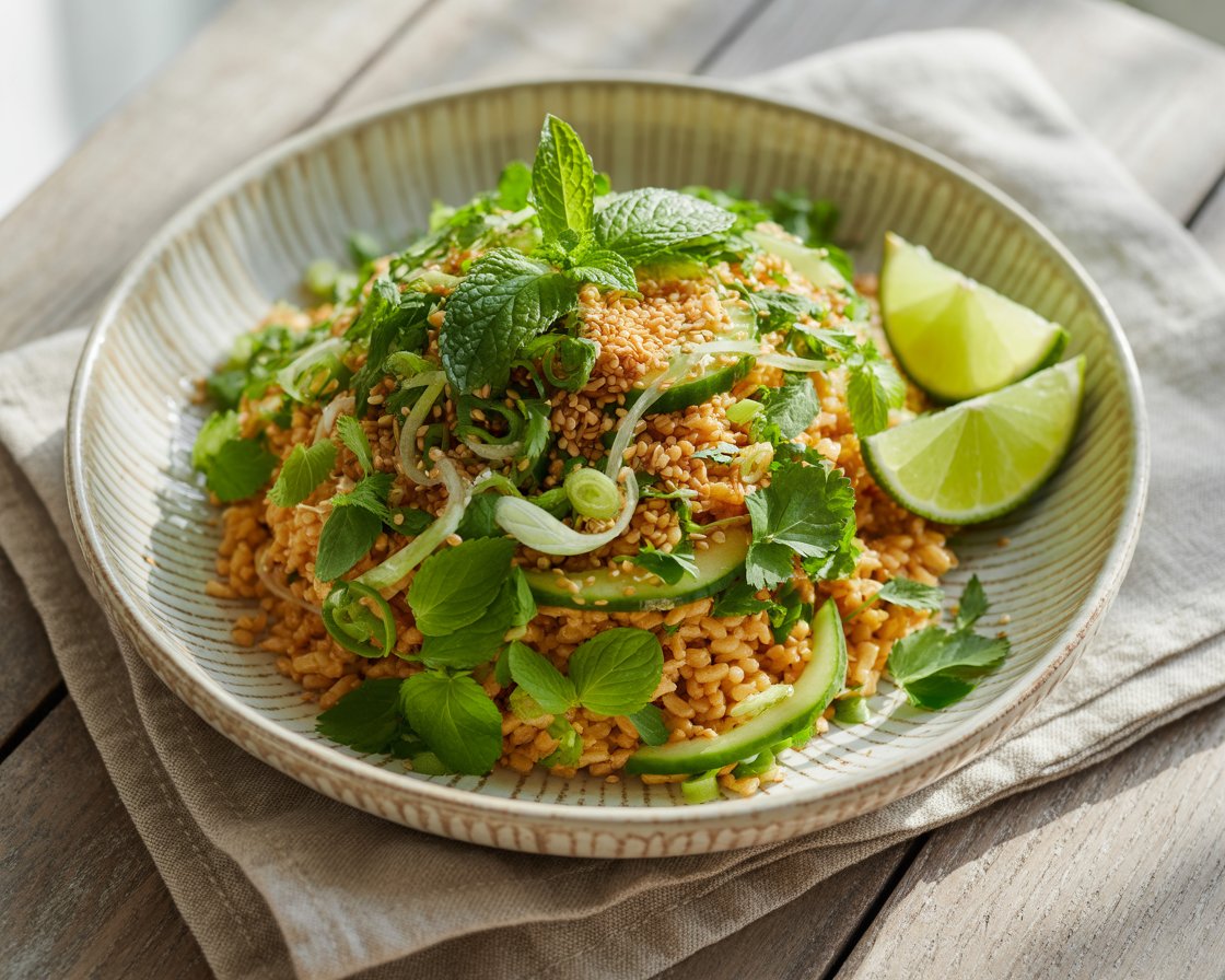 Ingredients for crispy rice salad neatly arranged on a kitchen counter.