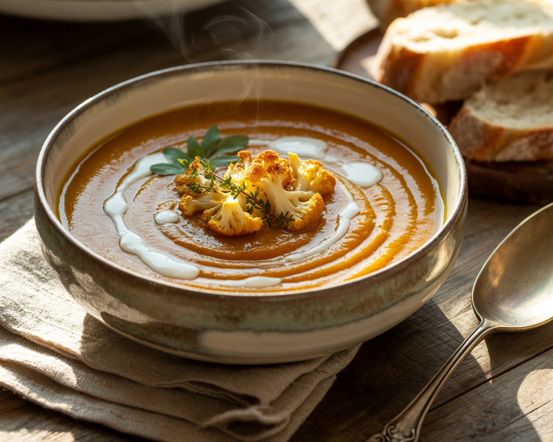 Sweet Potato Soup Recipe with Crispy Roasted Cauliflower Topping