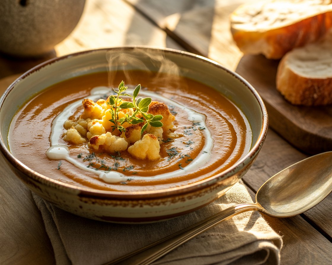 Easy Sweet Potato Soup with Roasted Cauliflower Crumbles