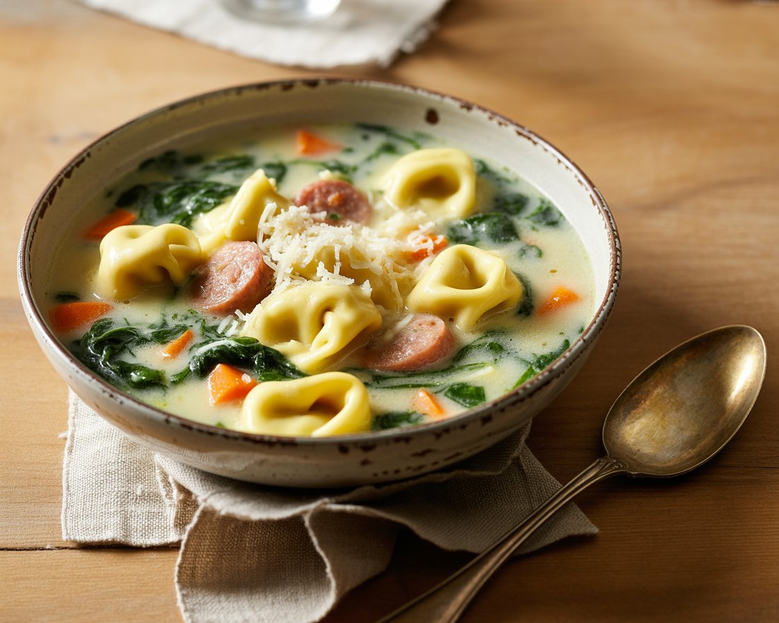 Homemade tortellini soup served in a rustic ceramic bowl.