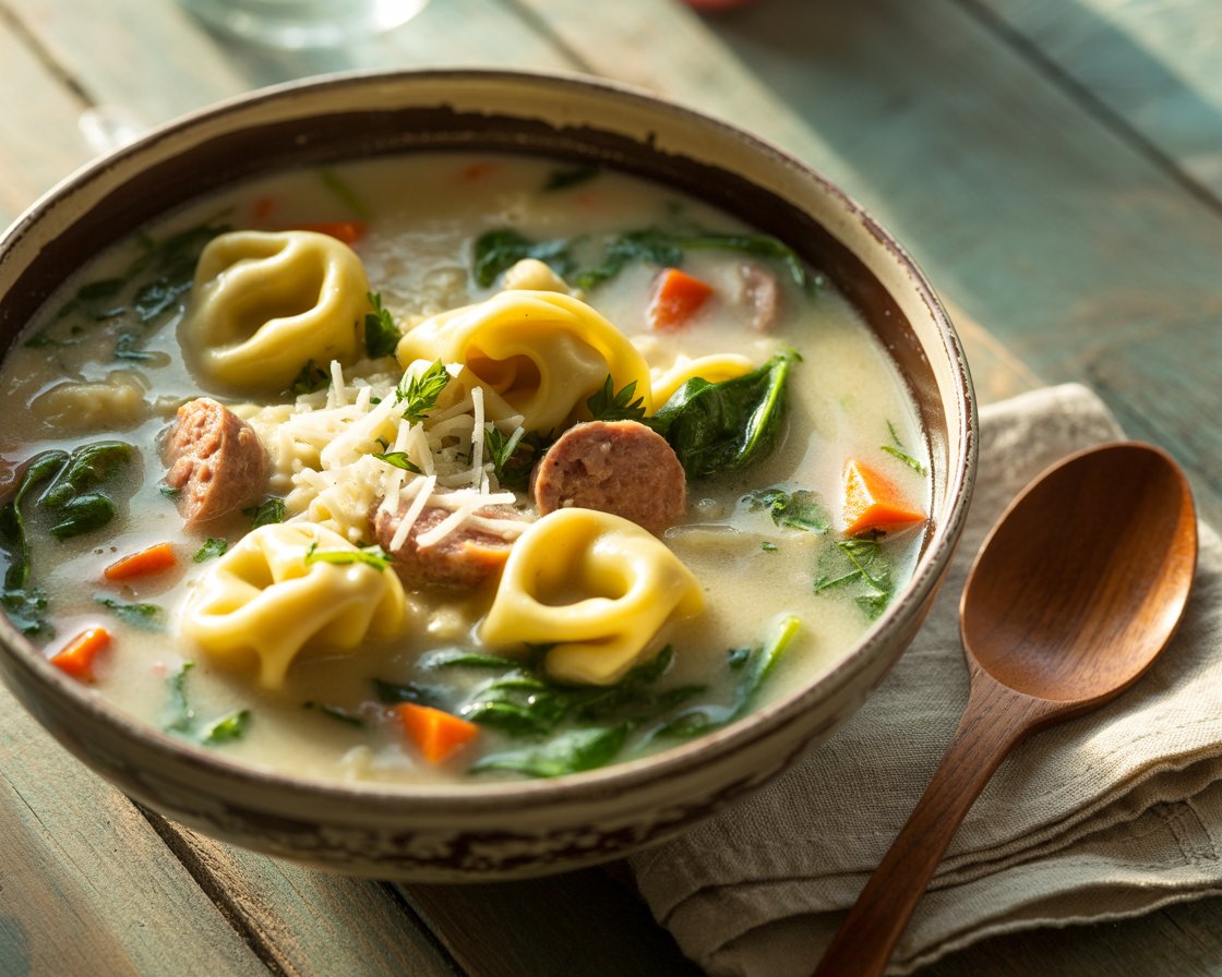 Step-by-step process of making creamy tortellini soup at home.