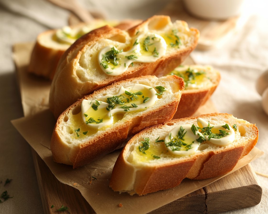 Close-up of buttery garlic bread topped with chopped parsley.