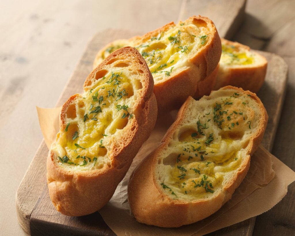 Freshly baked garlic bread with golden, crispy edges and melted butter.