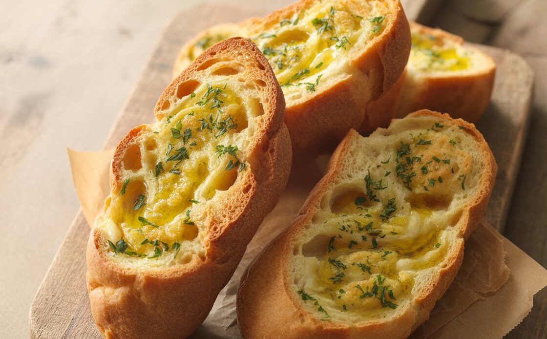 Freshly baked garlic bread with golden, crispy edges and melted butter.
