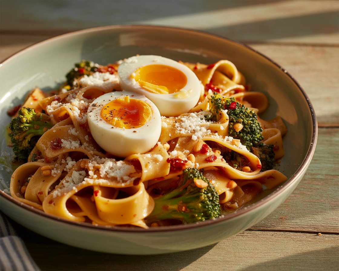 Close-up of pappardelle tossed in chili garlic sauce with vibrant green broccoli.