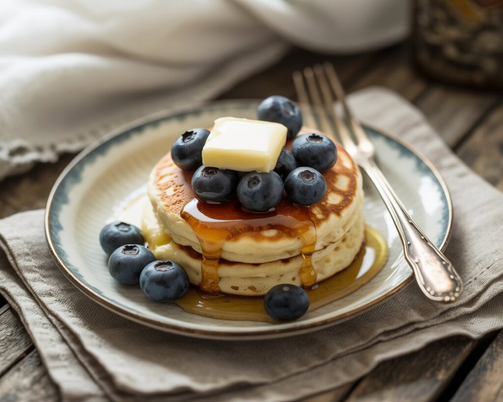 Step-by-step process showing pancake being cooked in a nonstick pan.