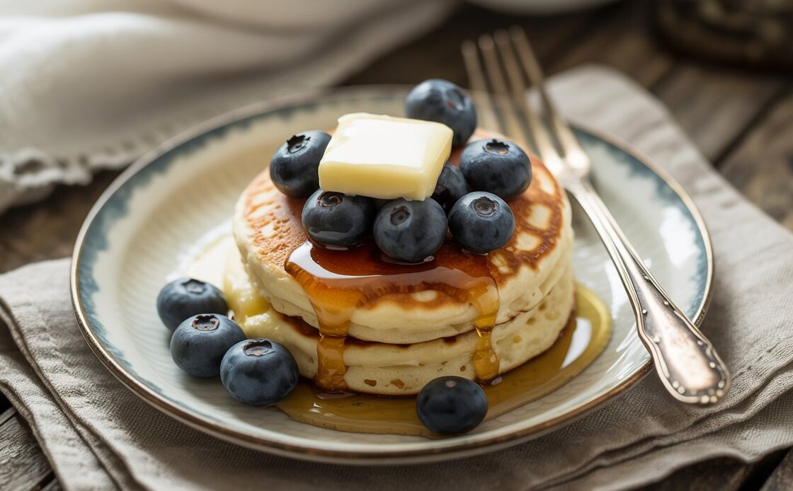 Step-by-step process showing pancake being cooked in a nonstick pan.
