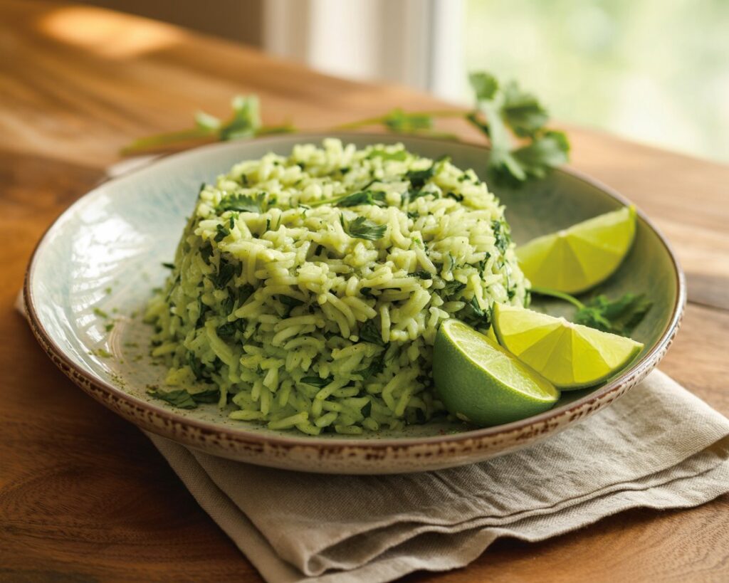 Bowl of vibrant green rice garnished with fresh herbs.