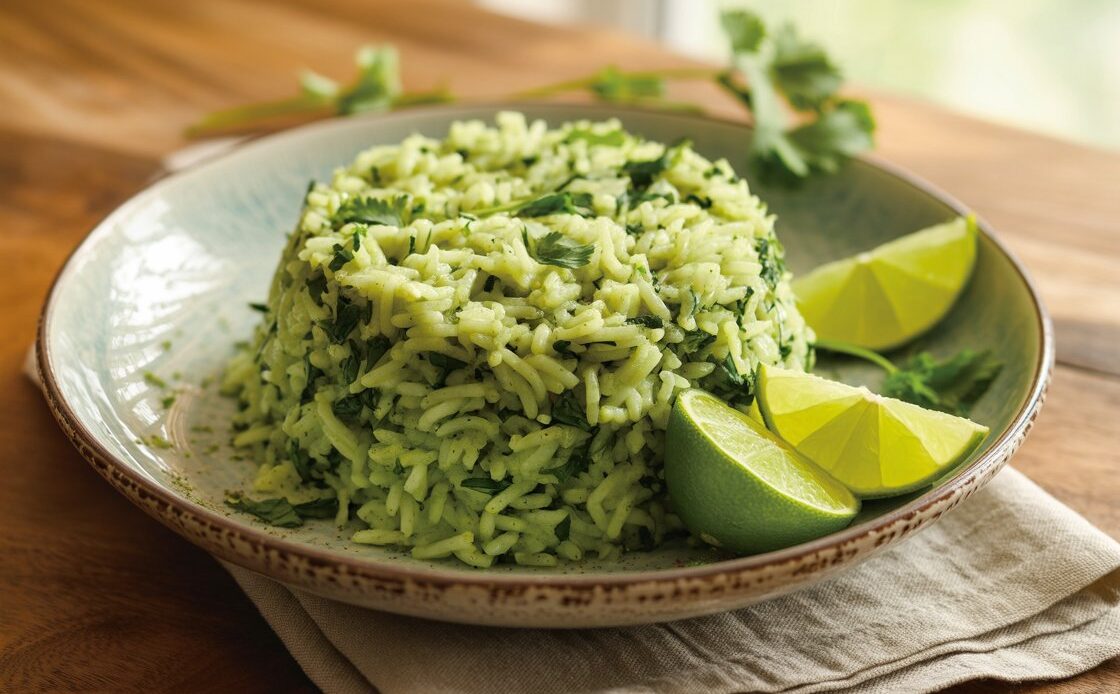 Bowl of vibrant green rice garnished with fresh herbs.